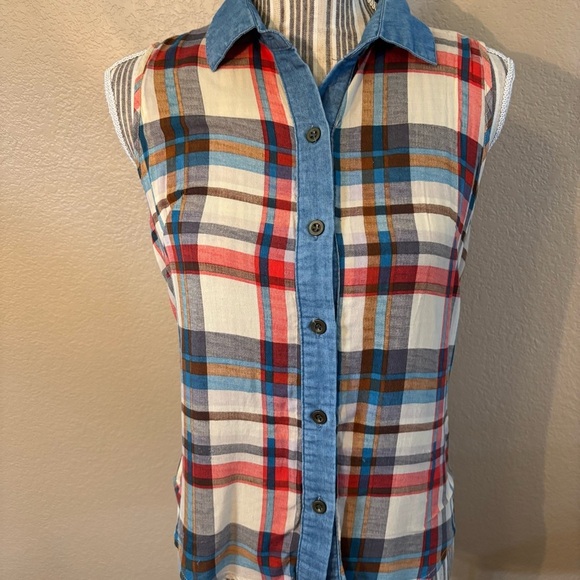 Roommates Top Small Multicolor Plaid Button-Down Shirt Sleeveless Blue Red White - Picture 3 of 13
